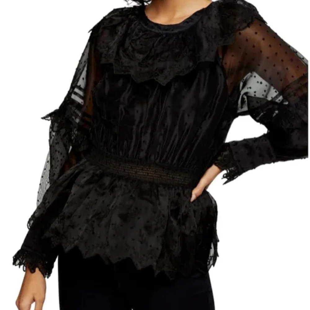 Topshop Dobby Shirred Waist Women's Long Sleeve Blouse Black Size 2 New - Picture 2 of 9